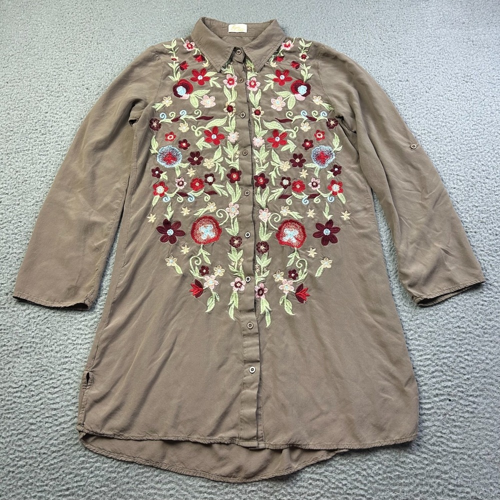 Layerz Clothing Women Olive Green Embroidered Shirt Dress Tunic Boho Floral S